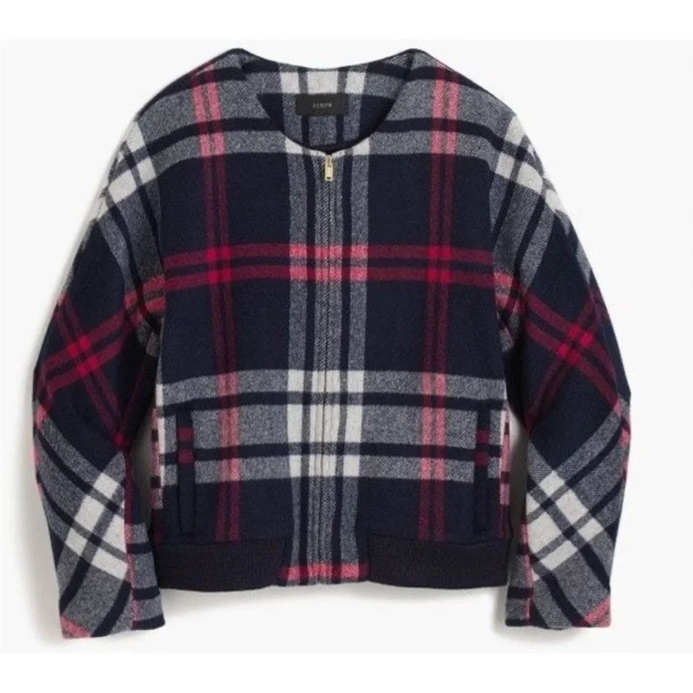 J. Crew Navy Plaid Wool Bomber Jacket with Pink Accents - Picture 2 of 9
